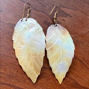 Hand-Carved Leaf Shaped Vintage Mother of Pearl Shell Drop Earrings